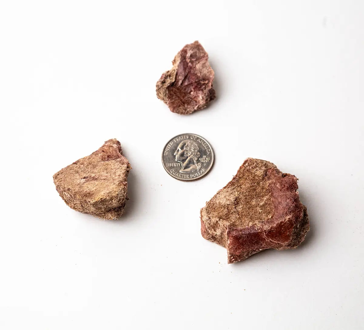 Three pieces of beef treats that vary in size but are all larger than a quarter shown for scale.